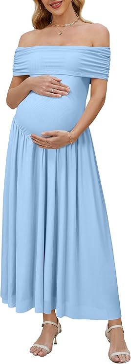 OUGES Women's 2025 Off The Shoulder Mesh Maxi Maternity Dress for Photoshoot Baby Shower Sleevele... | Amazon (US)