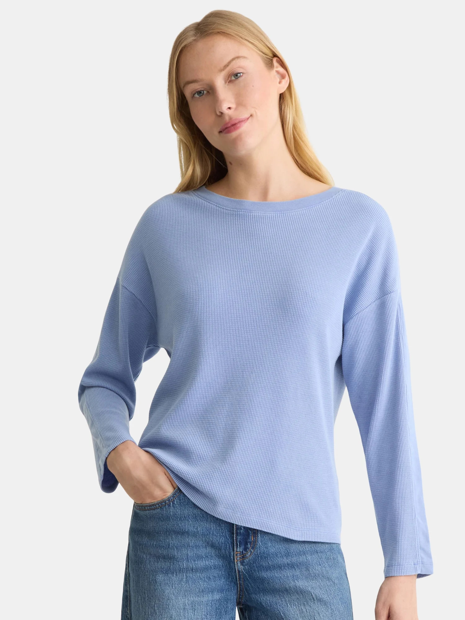 Time and Tru Women's Boxy Thermal Tee with Long Sleeves, Sizes XS-XXXL | Walmart (US)