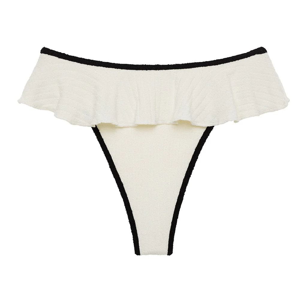 Cream (Black Binded) Terry Rib Tamarindo Ruffle Bikini Bottom | Montce