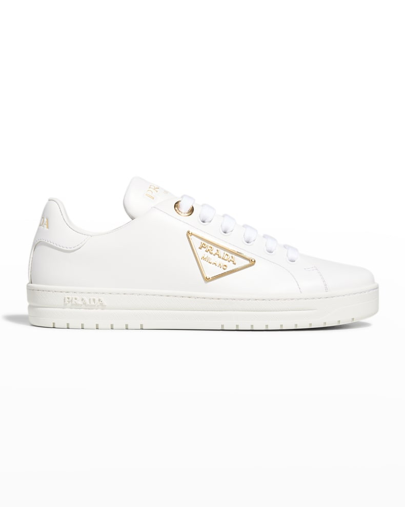 Prada Downtown Leather Tonal Sneakers With Metal Logo | Neiman Marcus