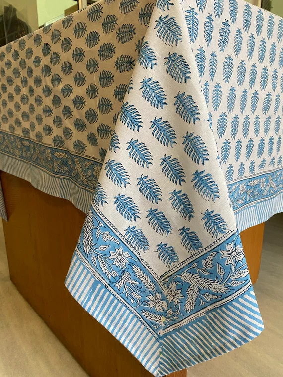 Cerulean Blue and White Hand Block Print Table Cloth Table | Etsy | Etsy (US)