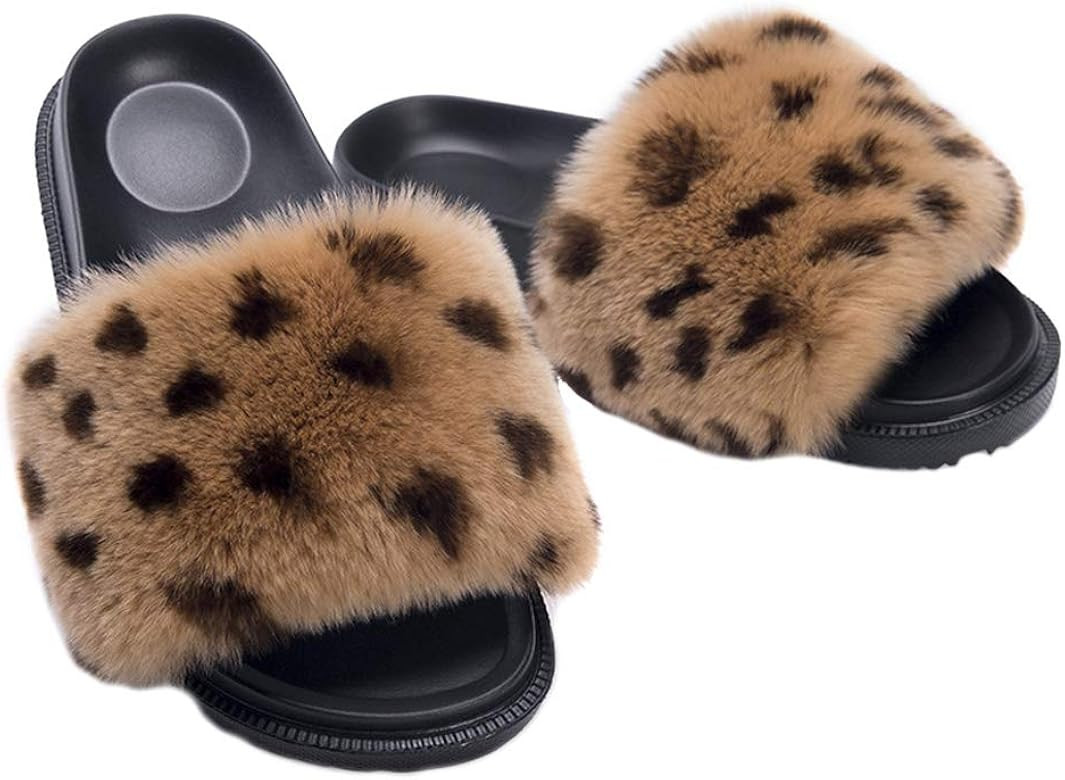 Summer Real Fur Slides Slippers - Comfort Fuzzy Sandals Shoes for Women and Toddler Girls Indoors... | Amazon (US)