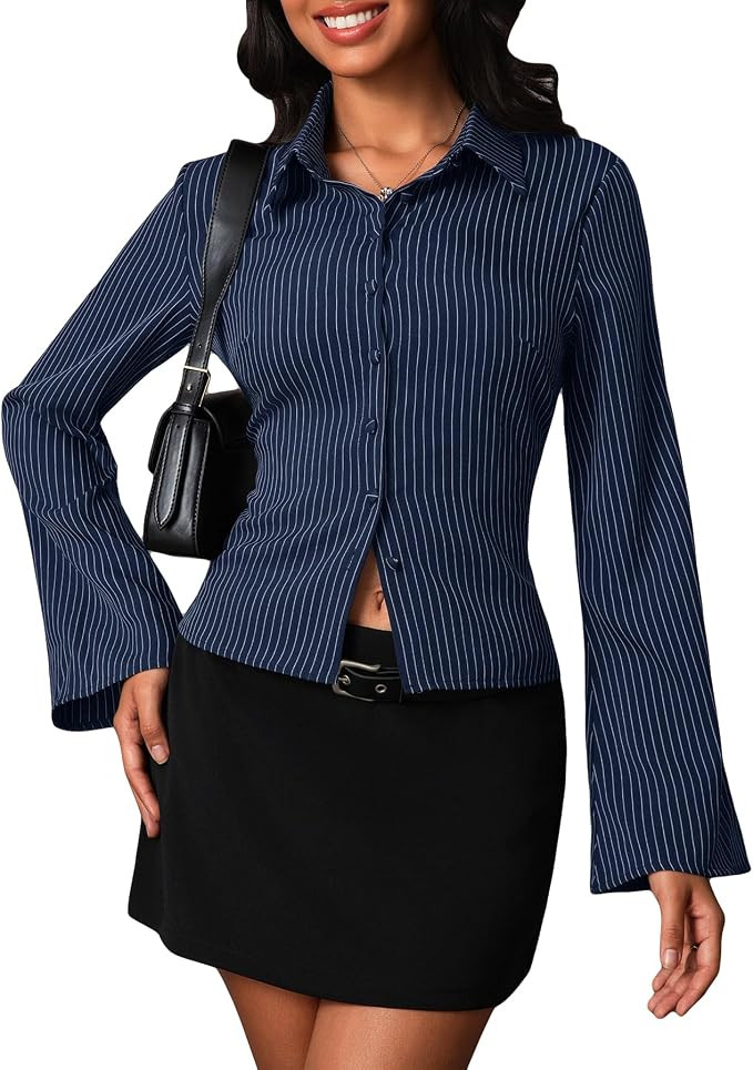 Women Striped Fitted Button Down Shirts Bell Long Sleeve Shirt Office Work Blouse Tops | Amazon (US)