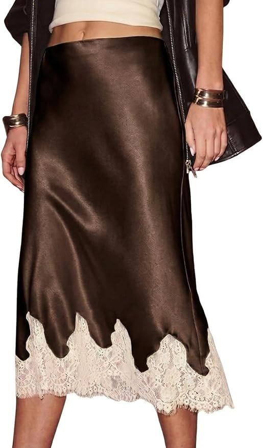 Satin Skirts for Women Silk Midi Skirt Flowy Lace Skirt | High Waist, A-Line Skirt, Cocktail Wedd... | Amazon (US)