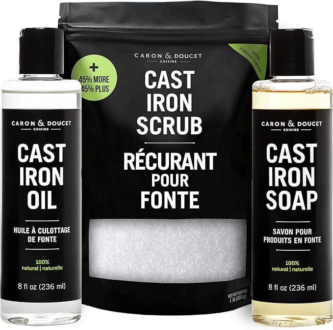 CARON & DOUCET – New Ultimate Cast Iron Set: Seasoning Oil, Cleaning Soap & Restoring Scrub | 1... | Amazon (US)