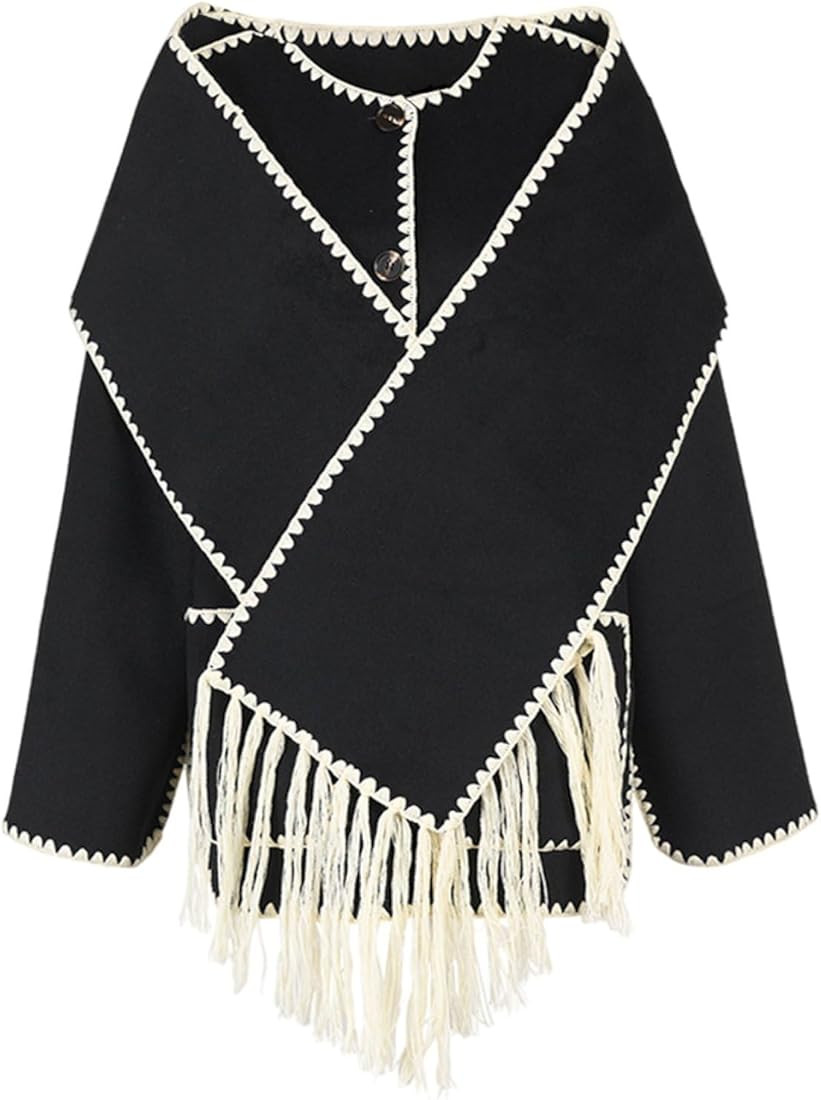 LINGGINL Women's Elegant Coat Shawl Wool Blend Coat Round Neck Loose Thick Tassel Scarf Trendy Co... | Amazon (US)