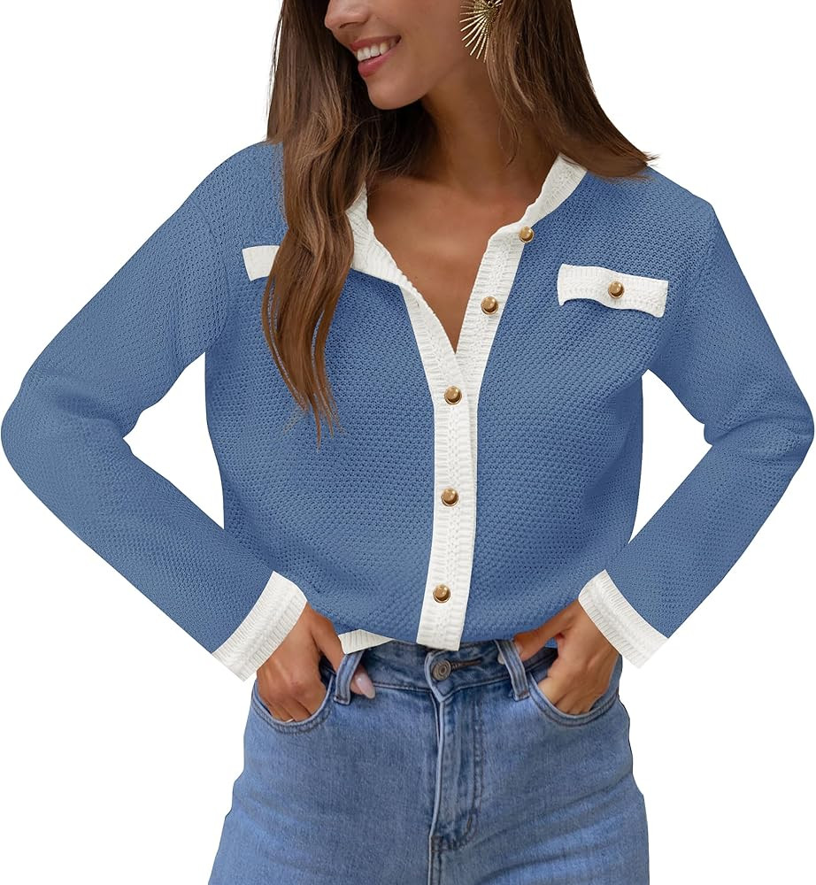 ZESICA Women's Long Sleeve Knit Tops Blouse Button Down Sweater Shirts 2024 Fall Crew Neck Color ... | Amazon (US)