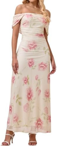 KUTUMAI Women Floral Off Shoulder Maxi Dress Summer Ruched Bodycon Long Formal Wedding Guest Dres... | Amazon (US)