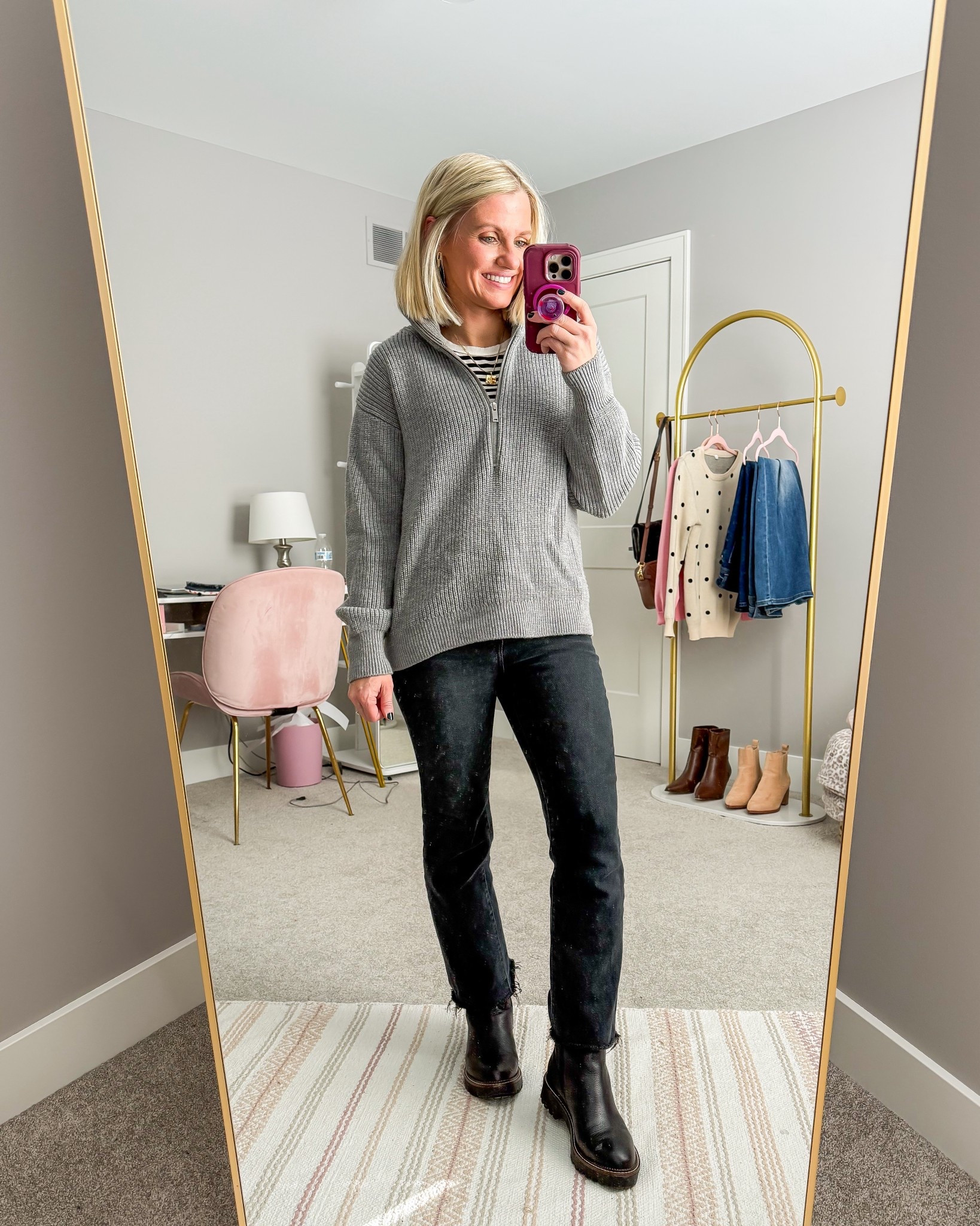 What I wore this week! My black jeans are a go-to for me with winter! I also love my cozy warm 1/2 sweater from @onequince! 
Sweater- small
Jeans- 0

#LTKPetite #LTKSeasonal #LTKootd