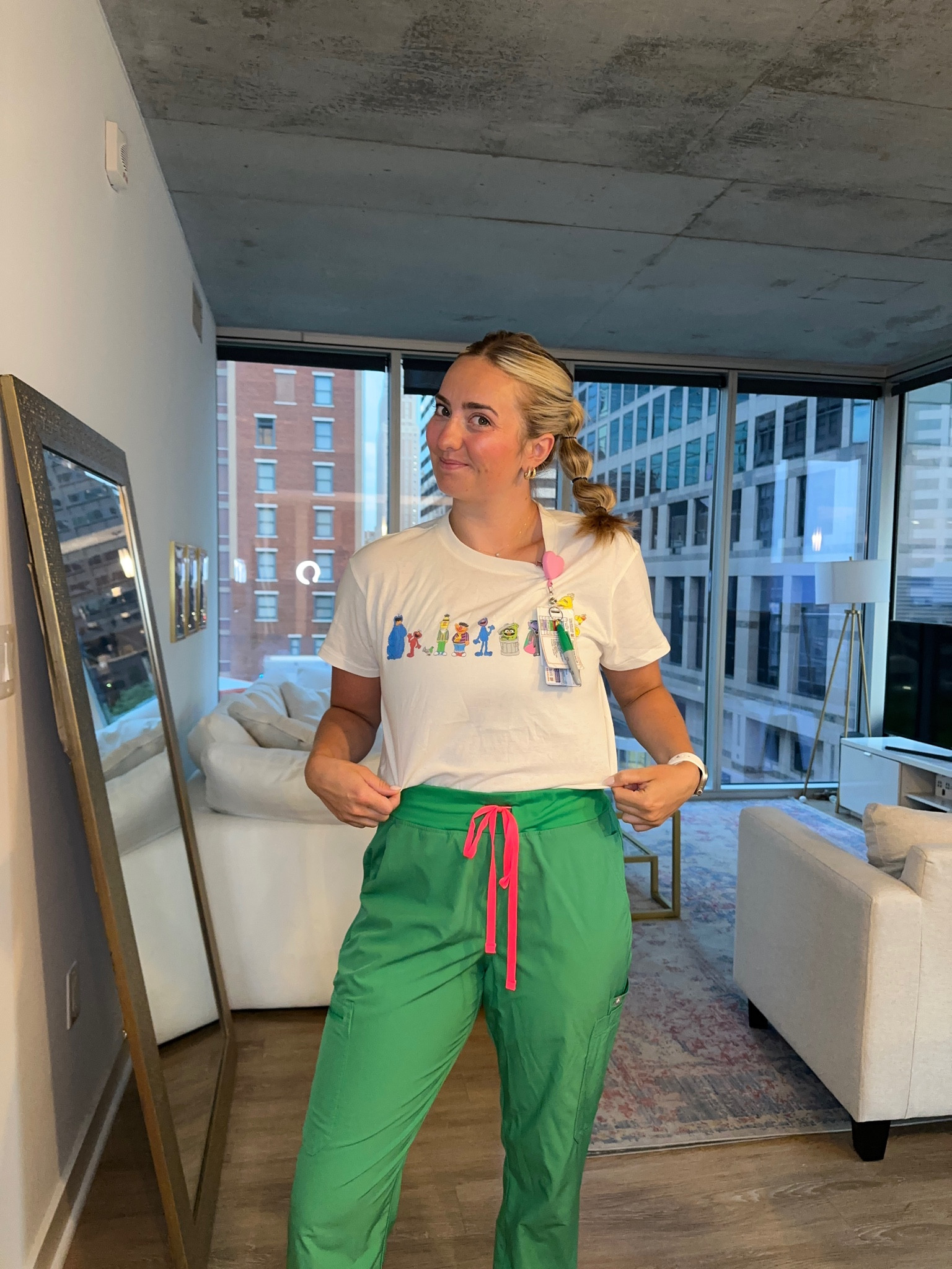 Sesame Street shirt + green scrub pants 💚