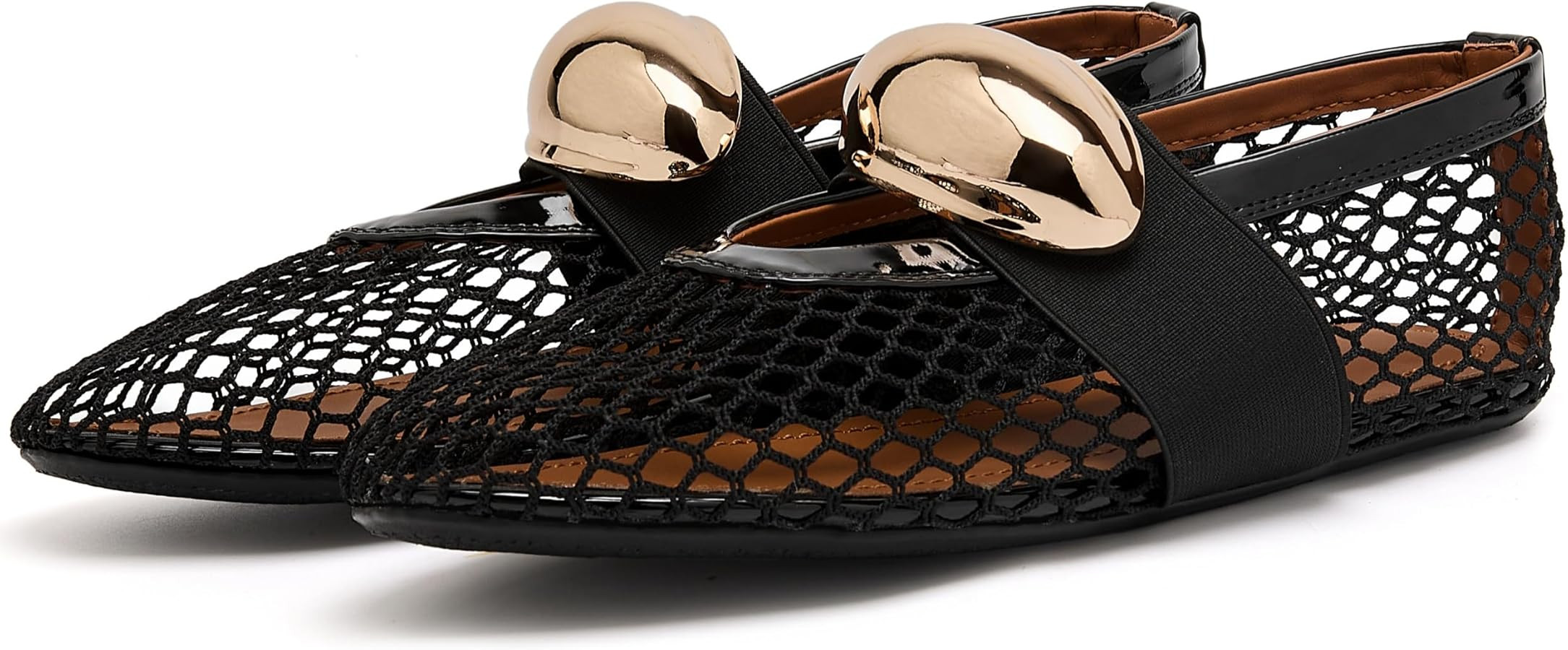 Mesh Ballet Flats for Women Gold Strap Fishnet Flats Round Toe Mary Jane Flats Casual Comfy Daily... | Amazon (US)