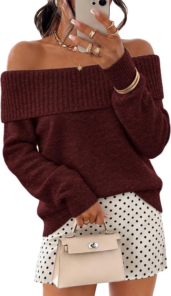 ATHMILE Off The Shoulder Sweater Women Fall Winter Teen Girl Going Out Tops | Amazon (US)