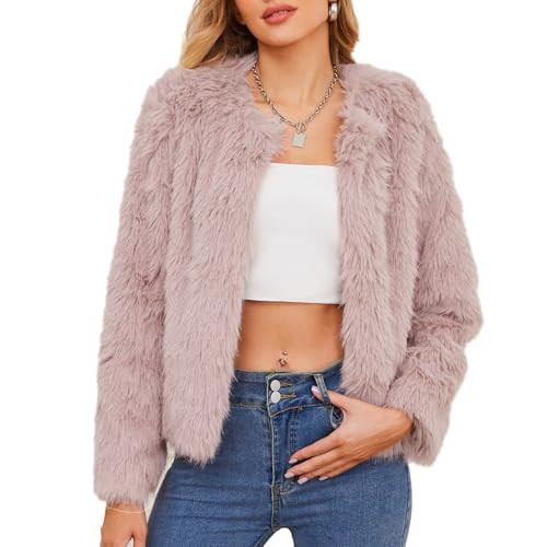 Zando Pink Fur Coat Women - Pink Faux Fur Jacket Women Formal Long Sleeve Pockets Shaggy Cropped Jacket Womens Fluffy Warm Winter Coats 2026 for Daily Weddings Parties Office S | Amazon (US)