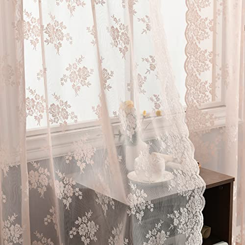 Kotile Pink Lace Curtains for Bedroom - Country Floral Lace Curtains 84 Inches Long, Scalloped Macreme Sheer Lace Curtains for Guest Room, Rod Pocket Lace Panel Curtains, 52 x 84 Inch, 2 Panels, Pink | Amazon (US)