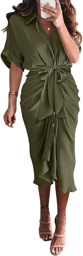 BTFBM Women 2024 Button Down Ruched Shirt Dresses Short Sleeve Lapel V Neck Elegant Party Spring ... | Amazon (US)
