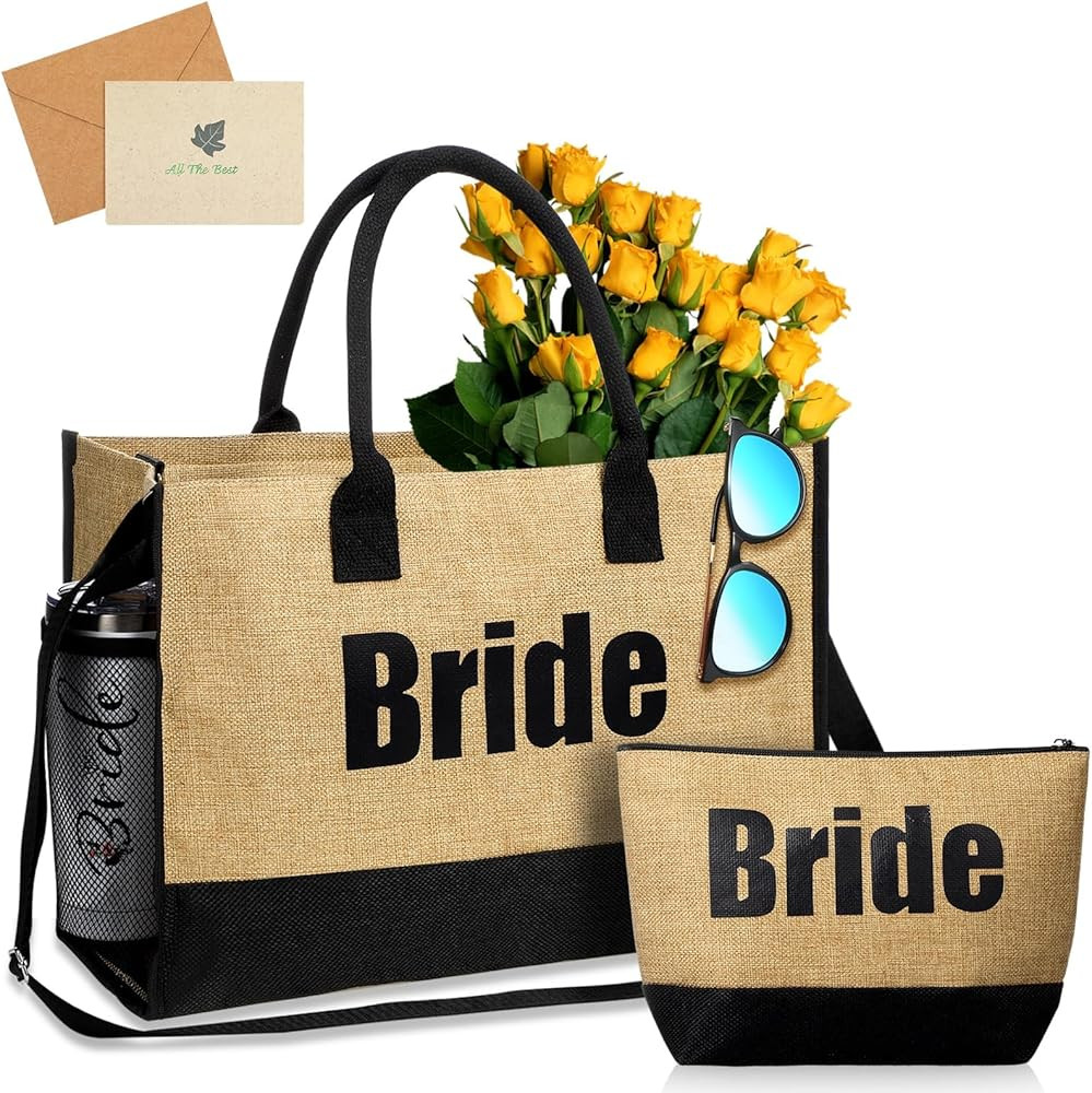 Bulyoou Bride Tote Bag with Makeup Bag Set Jute Beach Bag Bride Gift Bag for Wedding Bridal Showe... | Amazon (US)