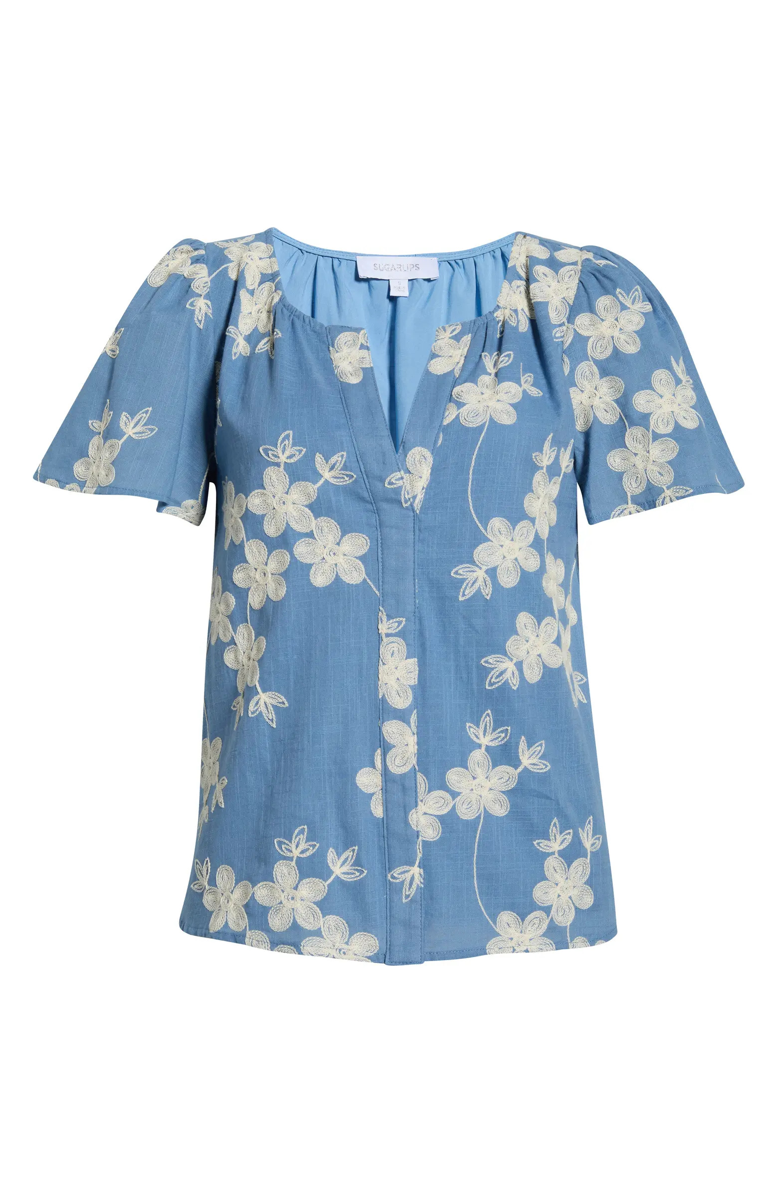SUGARLIPS Keren Embroidered Split neck Top | Nordstrom | Nordstrom