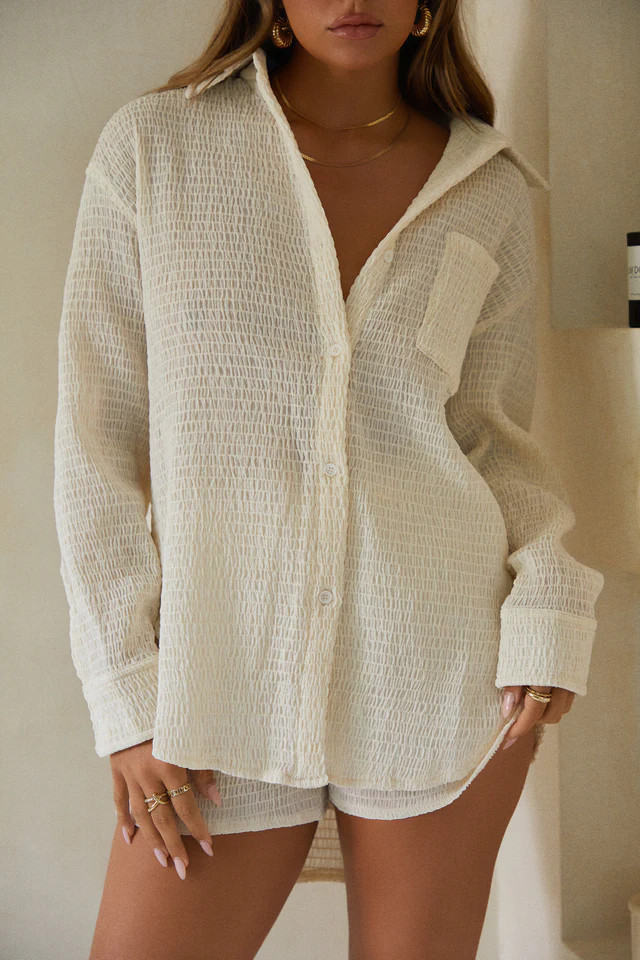 Miss Lola | Arelya Cream Long Sleeve Button Up Top | MISS LOLA