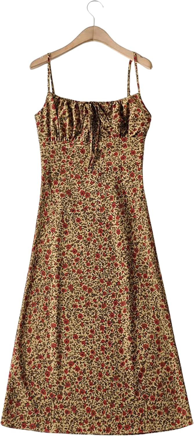 Omoone Women's Floral Dress Low-Cut Square Neck Spaghetti Strap Tie Bodycorn Dresses | Amazon (US)