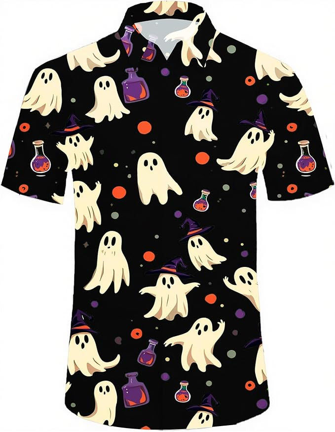 Halloween Shirts for Men Spooky Ghost Shirt Casual Short Sleeve Button Up Shirt Hawaiian Adult Ho... | Amazon (US)