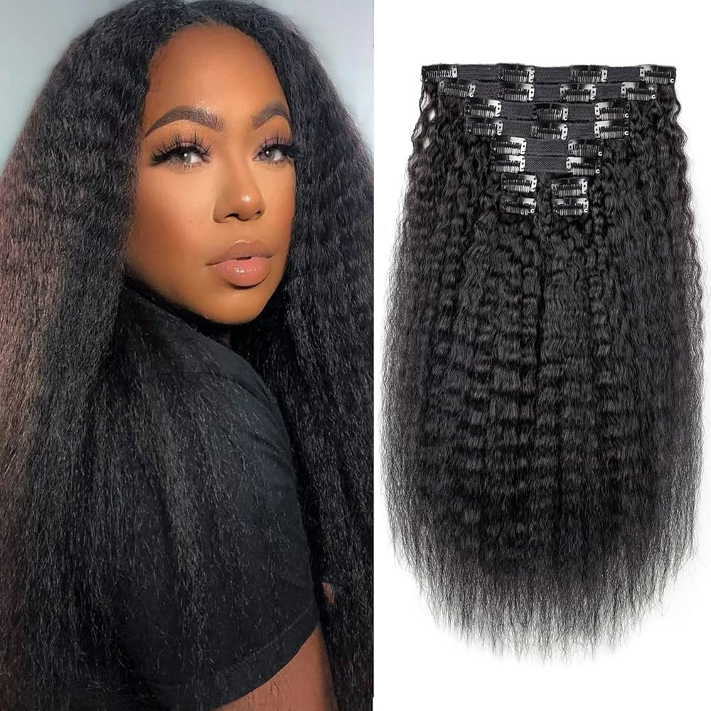 Kinky Straight Clip in Human Hair Extensions for Black Women Kinky Straight Clip Ins 16Inch 10PCS... | Amazon (US)