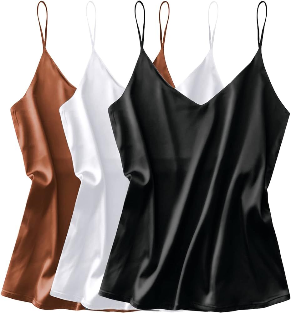 Ekouaer 3 Pack: Womens Silk Satin Tank Top V Neck Camisole Cami Spaghetti Strap Top Loose Sleevel... | Amazon (US)