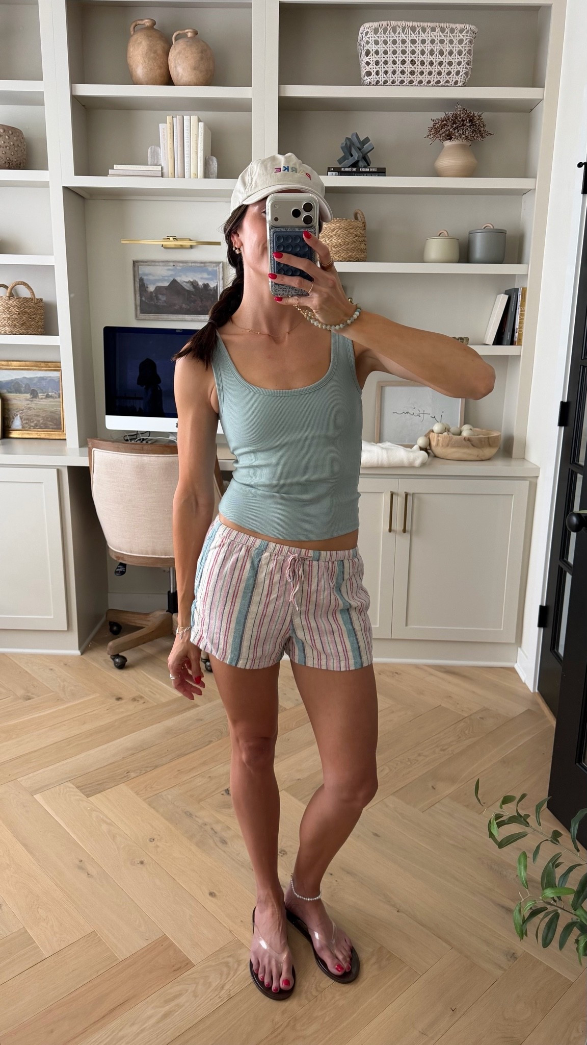 Bra free tank: tts (wearing XS but I like my true S fit best that I have in black) 
Stripe linen shorts: true to size 
Jelly flip flops: tts size up if between

#LTKSaleAlert #LTKootd #LTKxAbercrombie