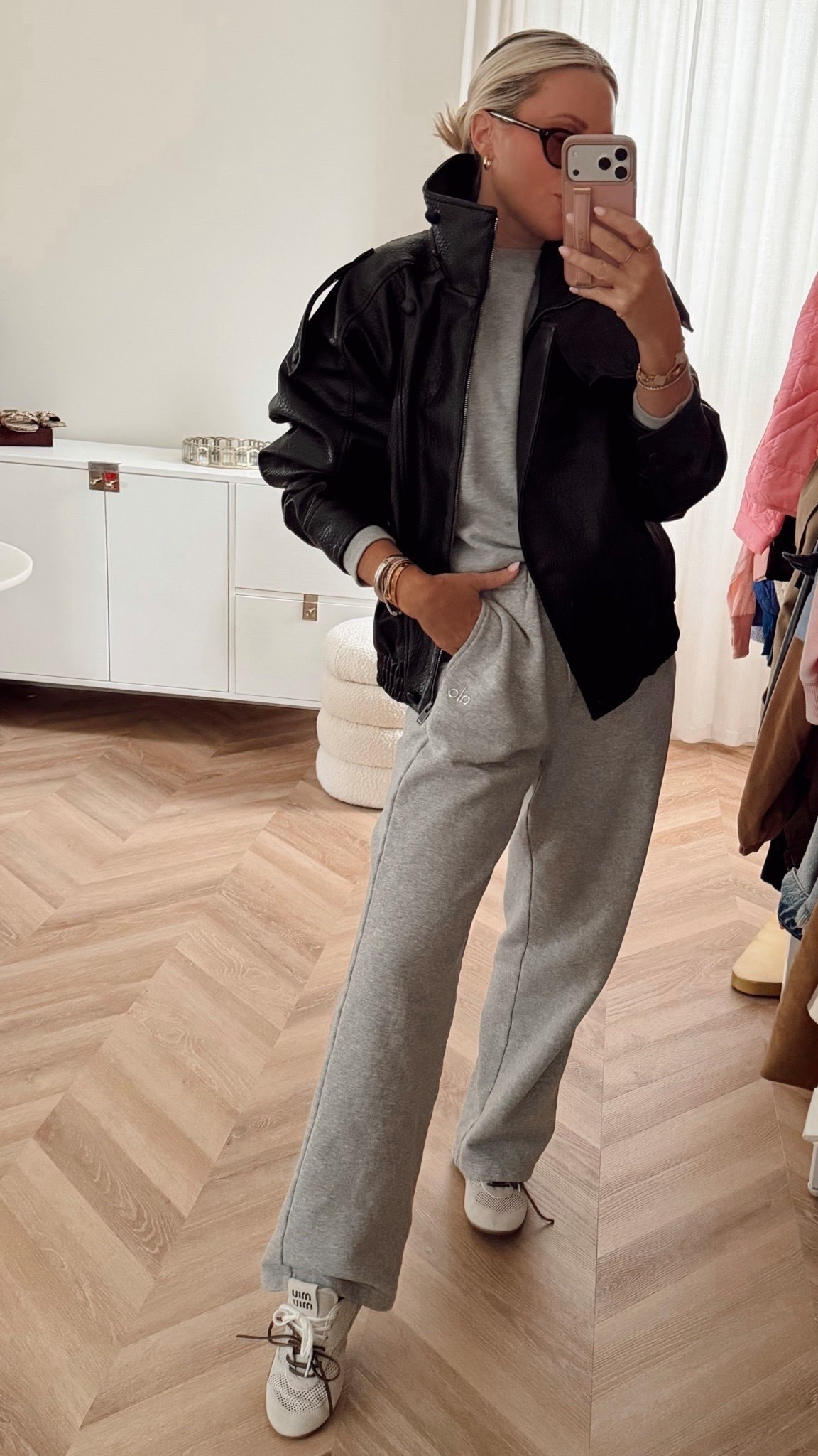 the jacket that will change your sweats & any look🔥. I’m in small. I love this thing! The collar makes it! Found in stock several places! Supposed to be the same jacket! 💯

Sneakers size up half. 

Casual outfit. Zara. Bomber jacket. Prada. Alo. Sweats. 

#LTKSeasonal #LTKootd