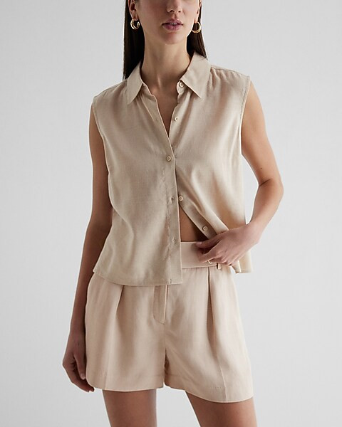 Linen-Blend Sleeveless Button Up Shirt | Express