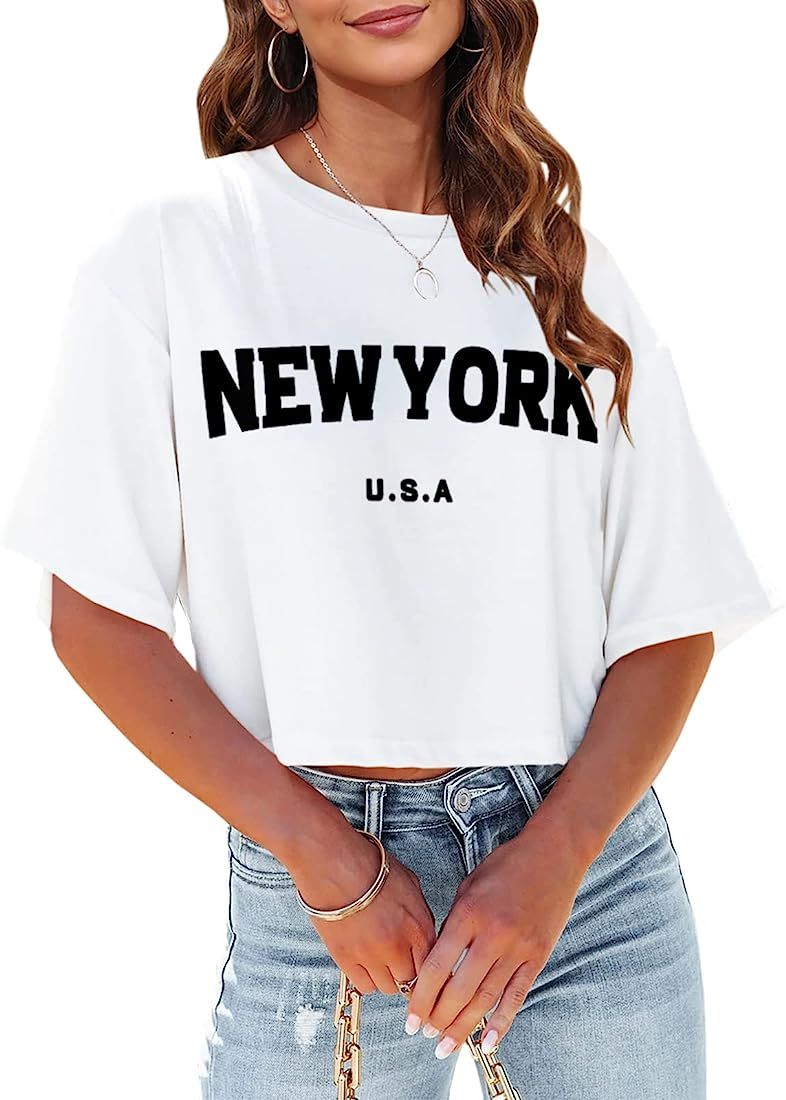 Tankaneo Womens Los Angeles California Letter Print Cropped T Shirt Half Sleeve Crop Tees Round N... | Amazon (US)