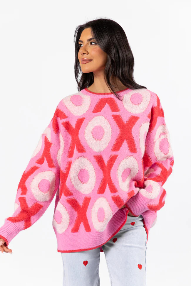Hugs and Kisses Pink and Red Multi Embroidered Sweater | Pink Lily