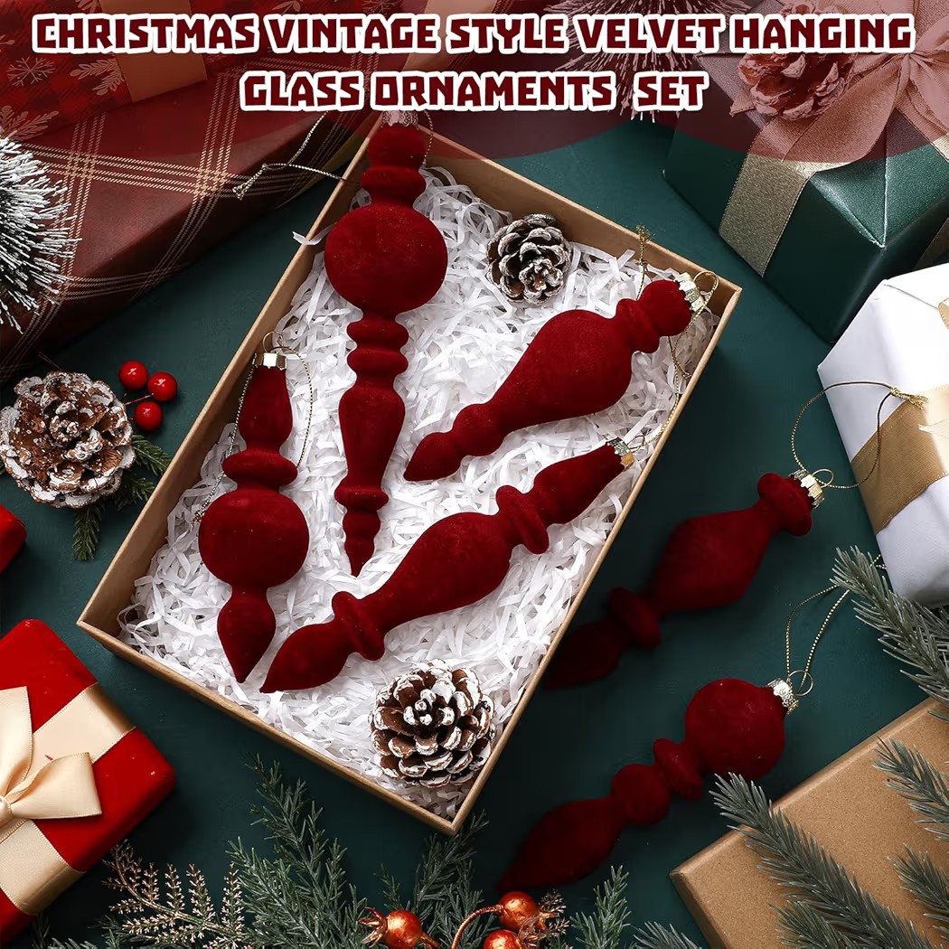 6 Pcs 7.1 Inch Burgundy Velvet Finial Christmas Tree Ornament Assorted Vintage Hanging Glass Fini... | Amazon (US)