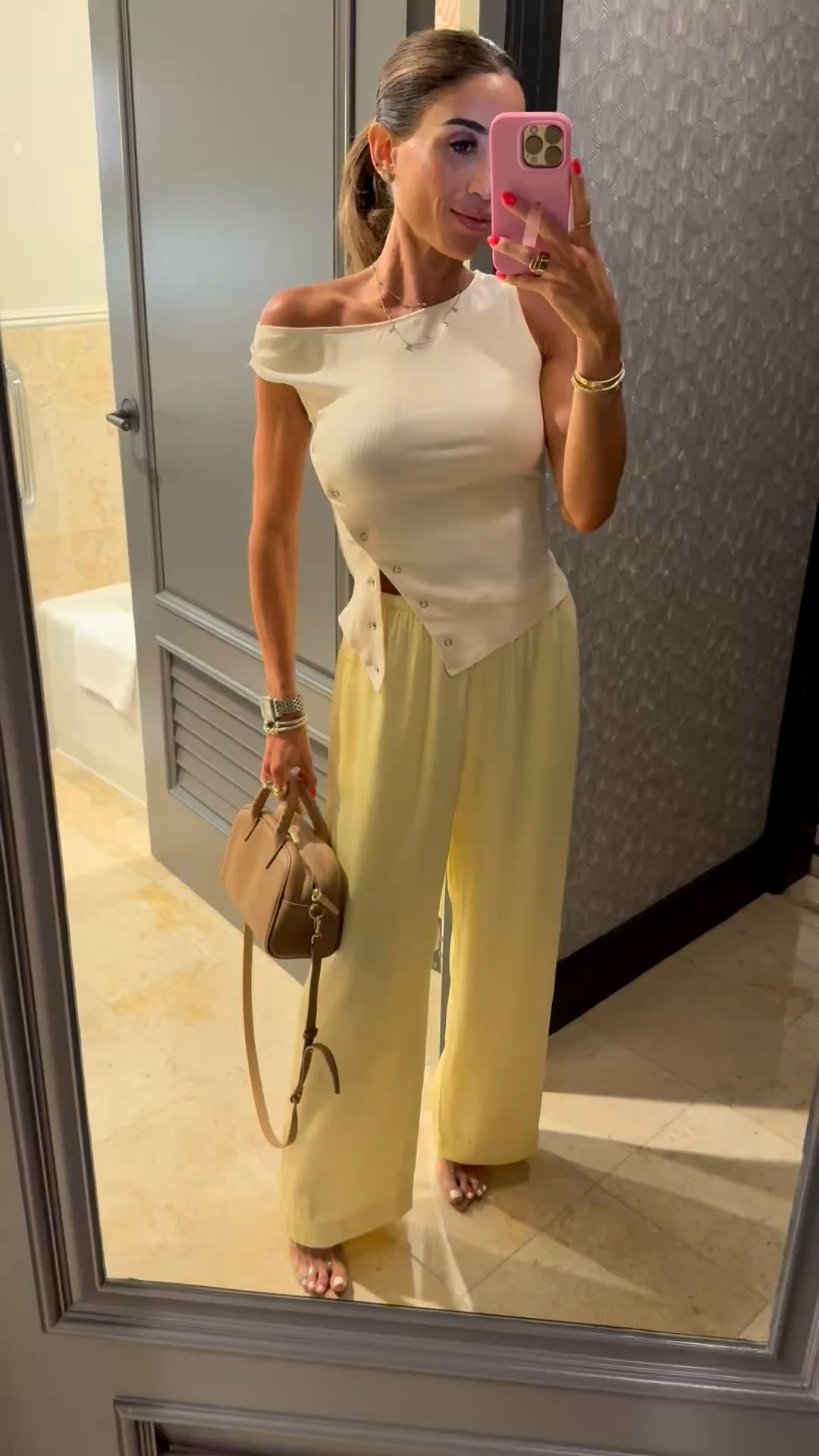 Amazon one shoulder button top size xs on sale. Yellow satin pants size xxs petite 
Spring vacation outfit idea 

#LTKPetite #LTKSaleAlert