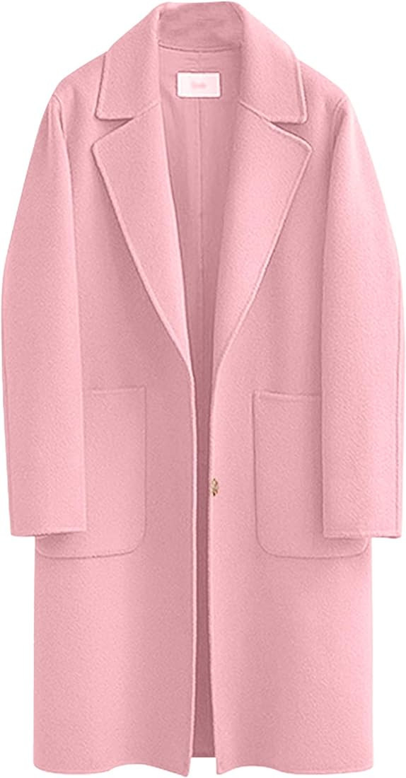 Omoone Women's Notched Lapel Wool Coats Mid Long Button Pea Coats Warm Thicken Trench Jacket | Amazon (US)
