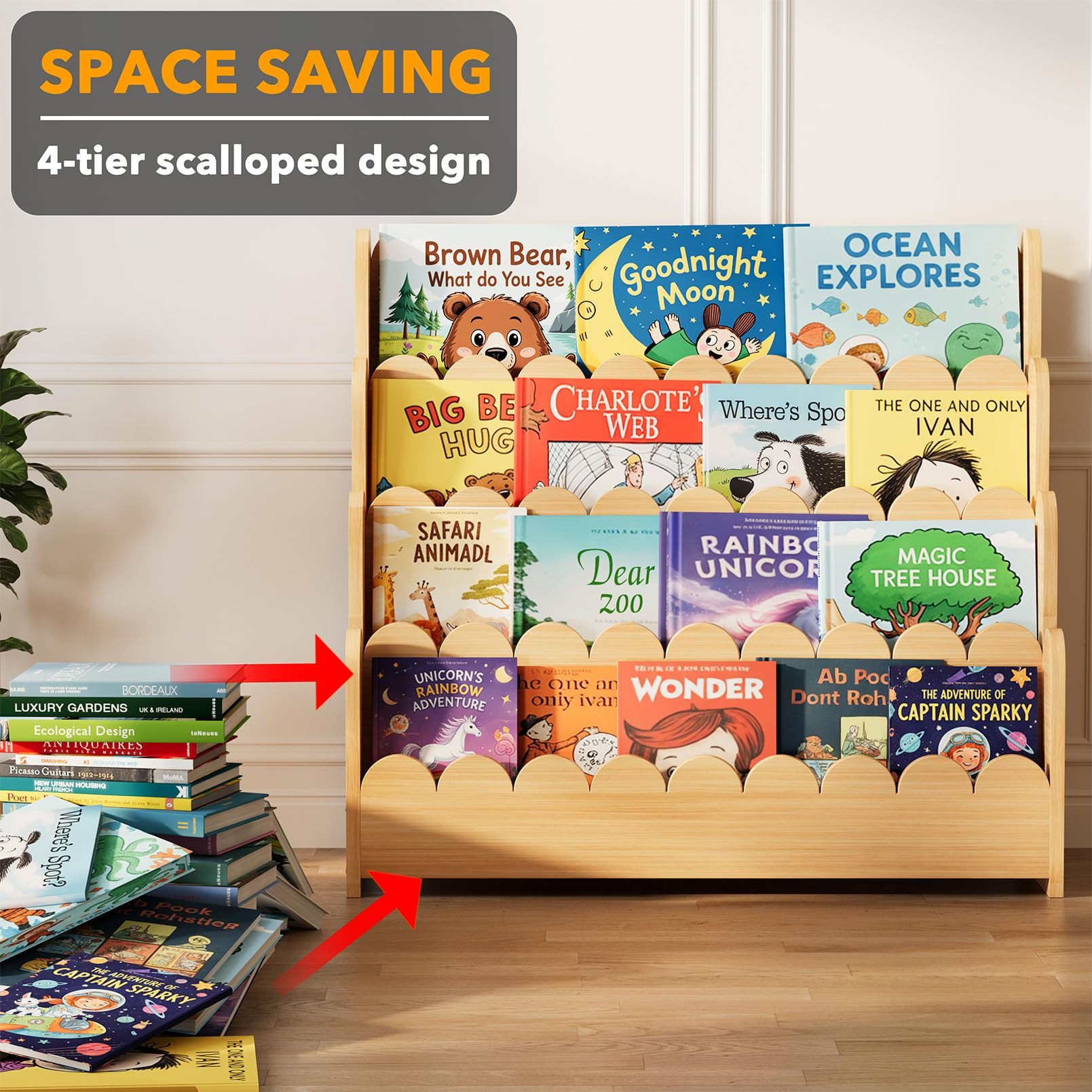 SpaceAid 4-Tier Scalloped Bookshelf, Montessori Bookcase for Toddlers, Wooden Book Shelf Organize... | Amazon (US)