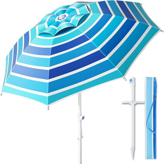8FT. Large Beach Umbrella with Heavy Duty Sand Anchor & Tilt Sun Shelter, UPF50+ UV Protection, W... | Amazon (US)