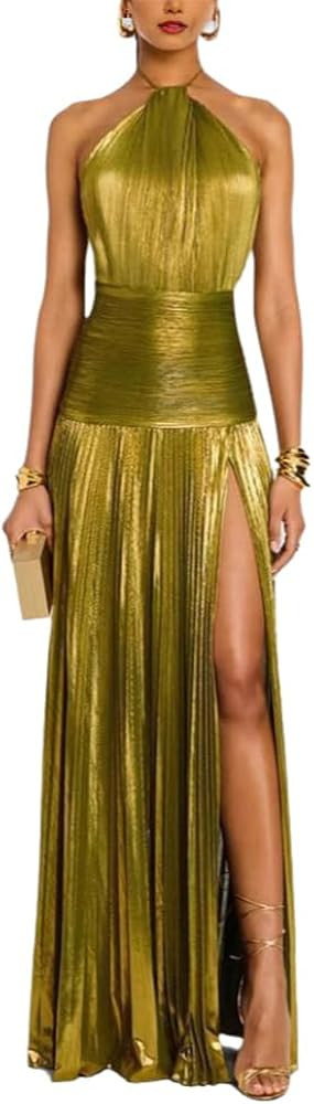 Metallic Pleated Evening Gown, Halter Neck, High Slit Maxi Dress | Amazon (US)