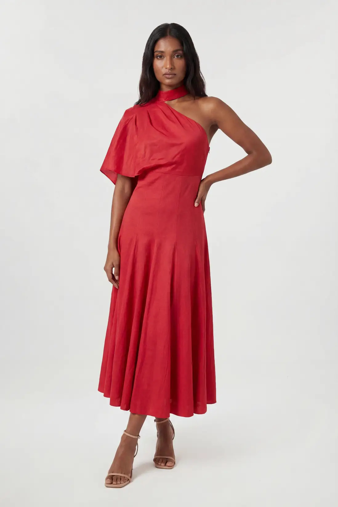 Premium Tailored Linen High Neck One Shoulder Full Midi Dress | Karen Millen