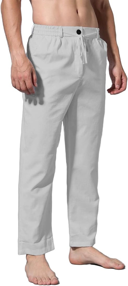 AITFINEISM Men's Drawstring Linen Pants Casual Elastic Waist Yoga Summer Beach Loose Trousers | Amazon (US)