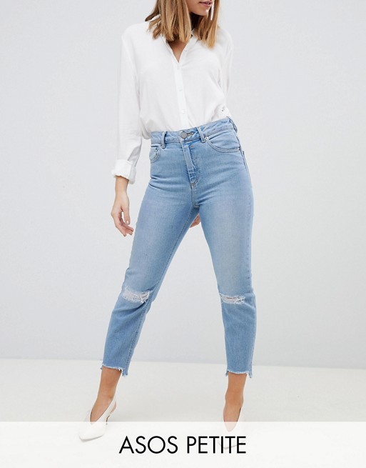 ASOS DESIGN Petite Farleigh high waist slim mom jeans in zaliki light vintage wash with busted knees | ASOS US