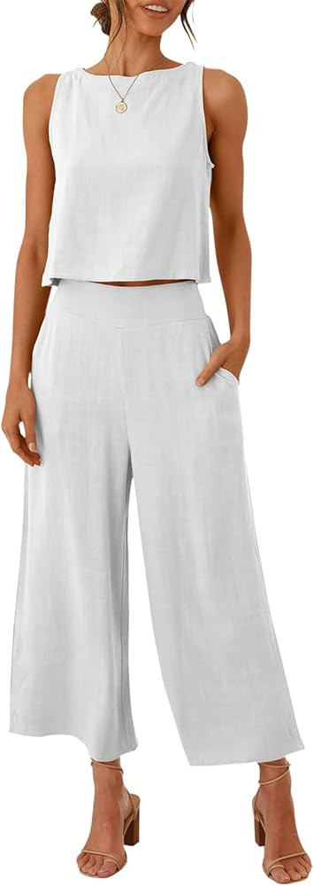 Prinbara Women's Summer Casual 2 Piece Outfits Round Neck Crop Basic Top Cropped Wide Leg Pants S... | Amazon (US)