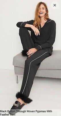 BNWT New Next Black Button Through Woven Pyjamas Feather Trim Pj Set Size 16 | eBay UK