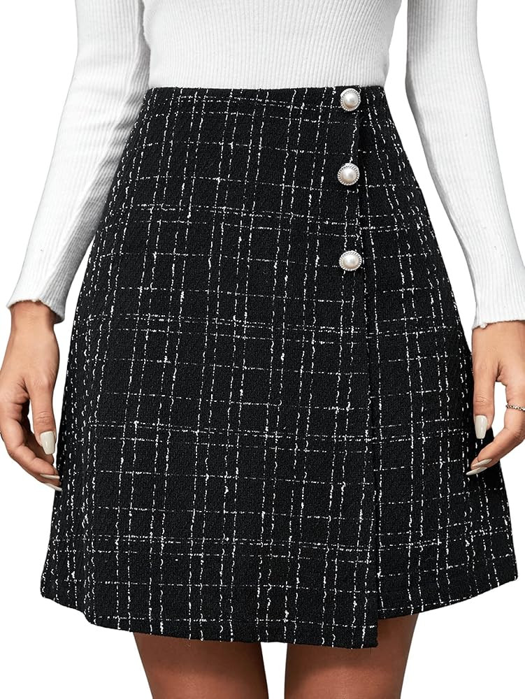 SweatyRocks Women's Elegant High Waisted Wrap Button Front Plaid Tweed Mini Skirt | Amazon (US)