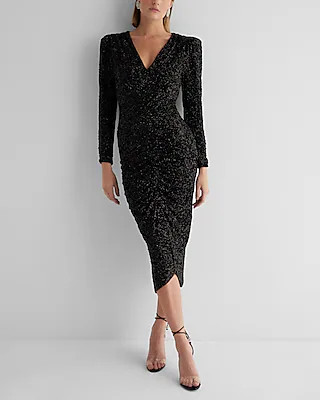 Sequin V-neck Puff Sleeve Ruched Midi Sheath Dress | Express