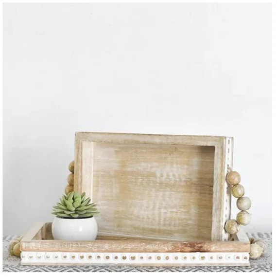 Rectangular Whitewash Wood Beaded Tray With Handles  - Etsy | Etsy (US)
