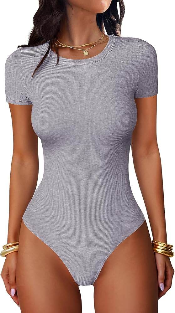 ANRABESS Women's Bodysuits Short Sleeve Crew Neck Slim Fit Casual Tops Ribbed Knit Soft Basic Tee... | Amazon (US)