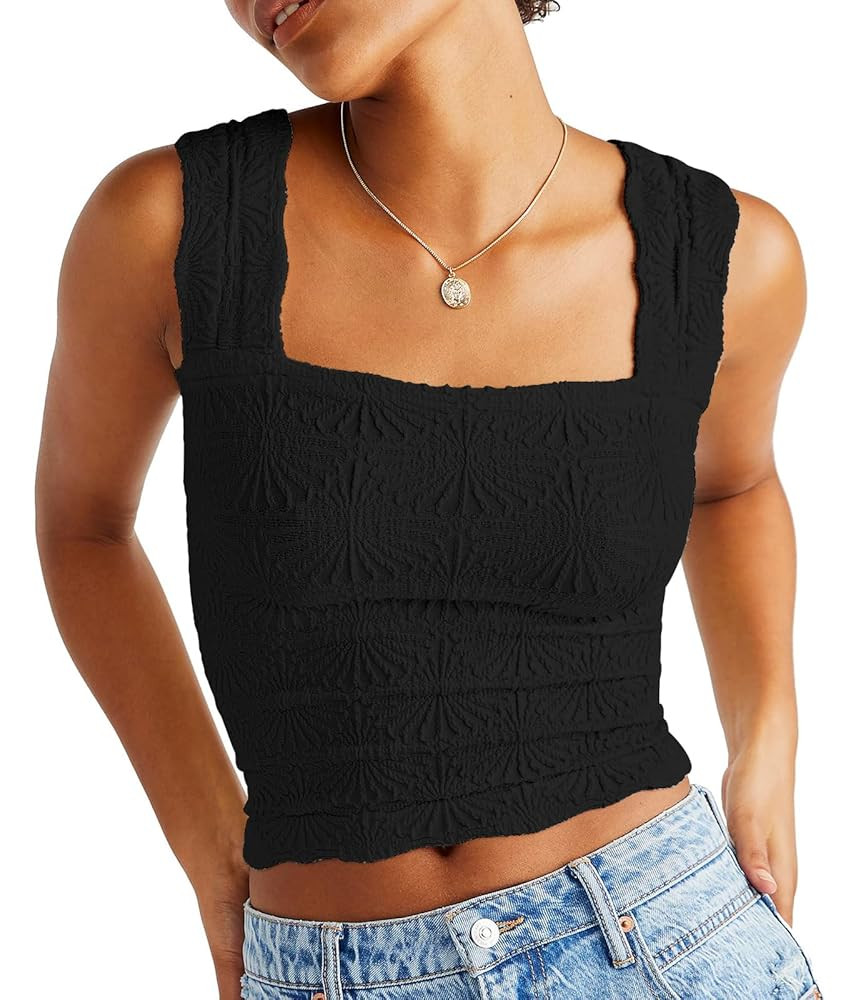 DouBCQ Women Cute Crop Tank Top Square Neck Wide Strap Vest Slim Fit Floral Lettuce Trim Cropped ... | Amazon (US)