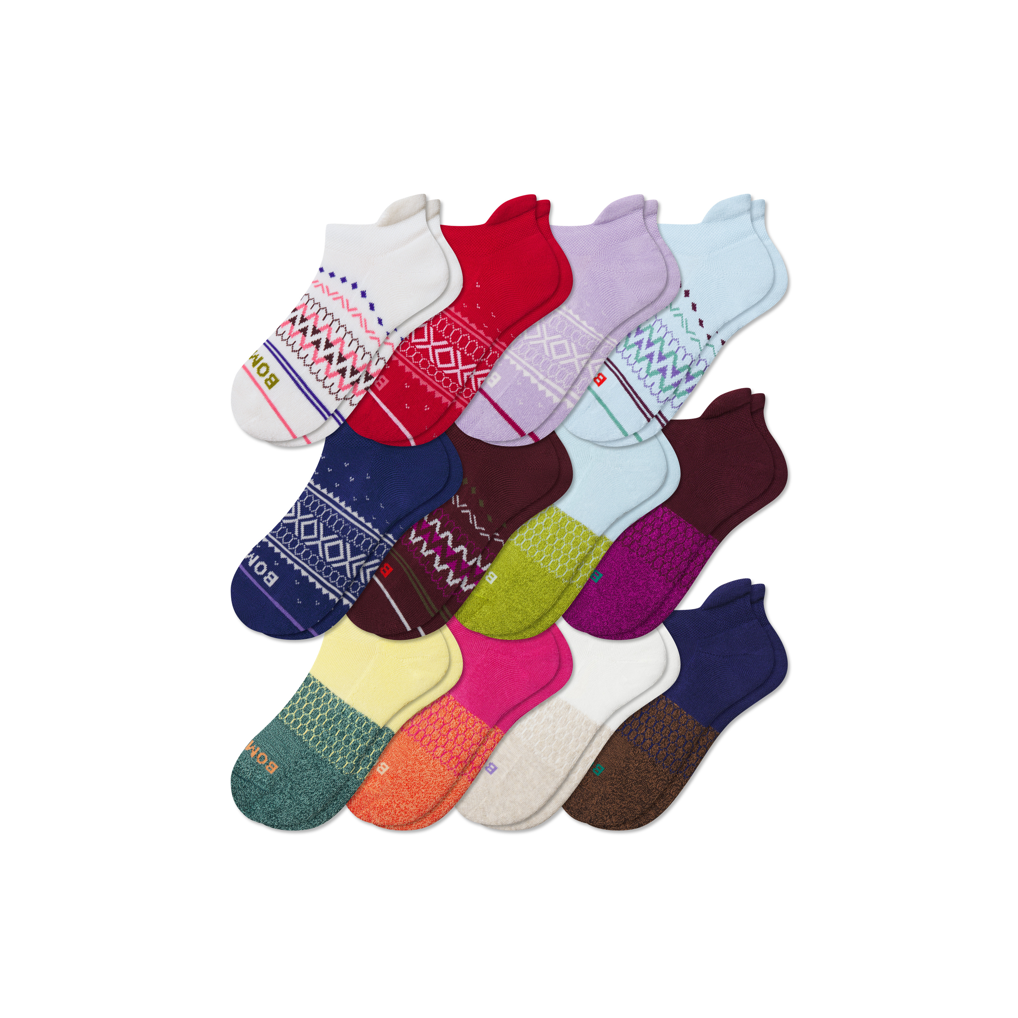 Youth Ankle Sock 12-Pack - Red Pink Mix - Y - Cotton Blend - Bombas | Bombas