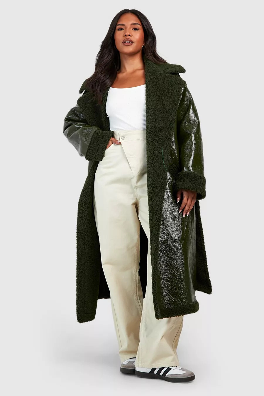 Plus Teddy Trim Vinyl Belted Coat | boohoo (US & Canada)