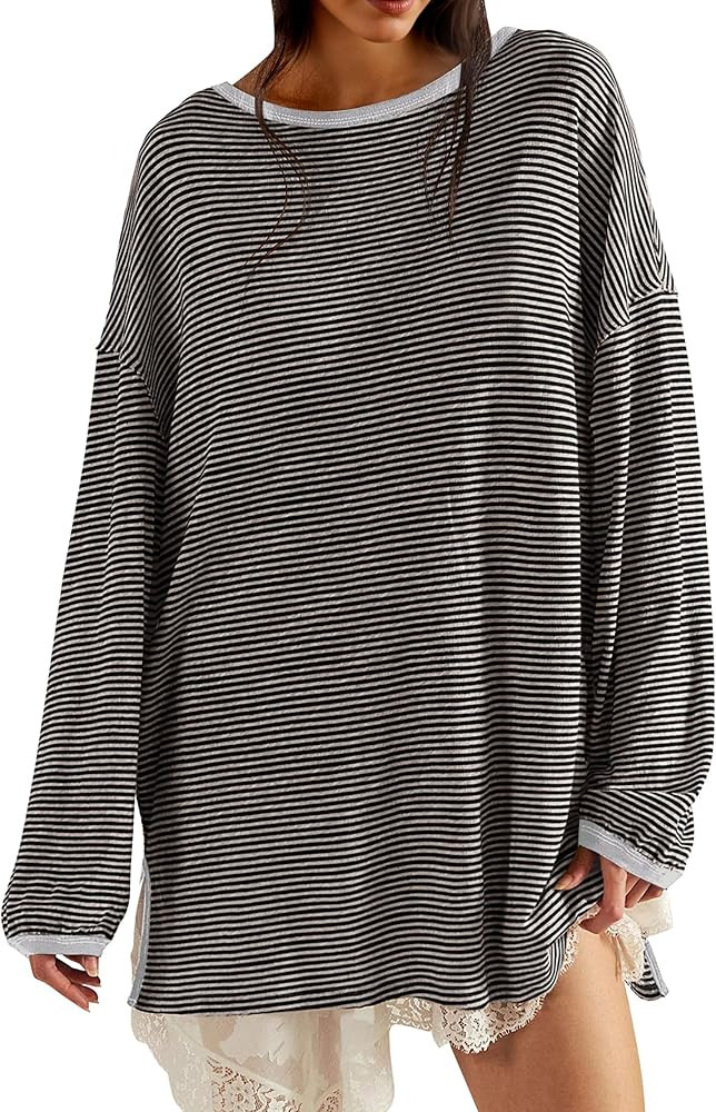 MISSACTIVER Women’s Oversized Striped Shirt Long Sleeve Crewneck Tee Shirts Casual Side Slit Go... | Amazon (US)